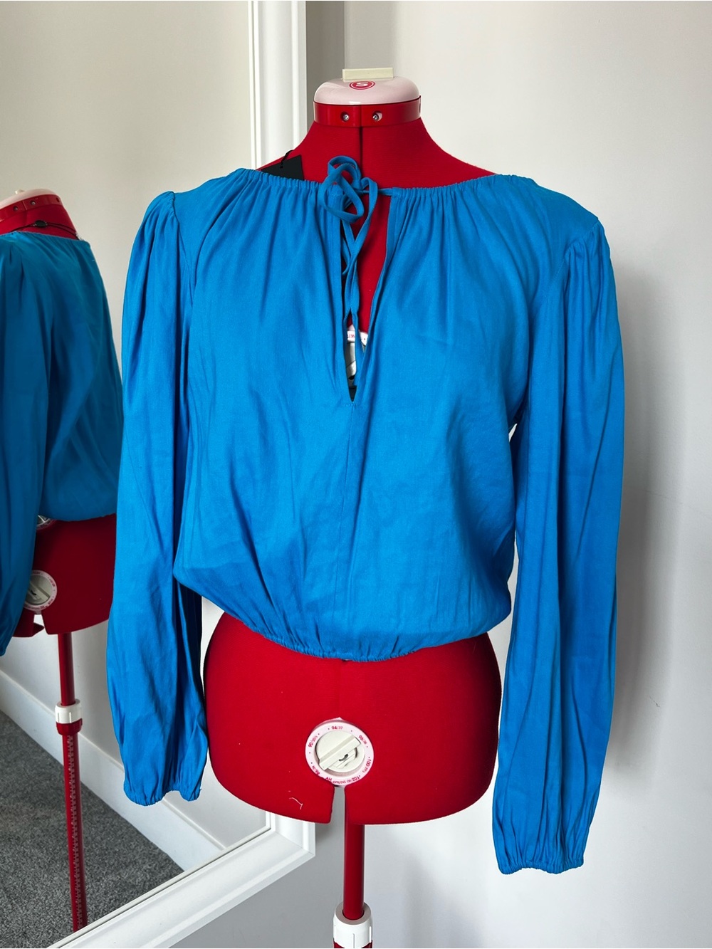 Gianni Bini Vibrant Blue Peasant Blouse with Tie Neck